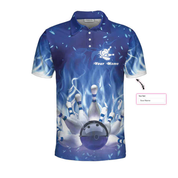 Bowling On Blue Fire Custom Polo Shirt, Blue Custom Bowling Shirt For Adults, Personalized Bowling Gift Unikmerch