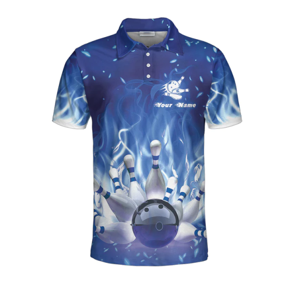 Bowling On Blue Fire Custom Polo Shirt, Blue Custom Bowling Shirt For Adults, Personalized Bowling Gift Unikmerch