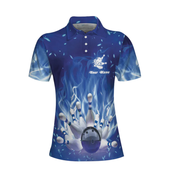 Bowling On Blue Fire Custom Short Sleeve Women Polo Shirt, Personalized Blue Flame Polo Shirt For Female Bowlers Unikmerch