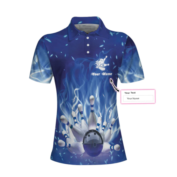 Bowling On Blue Fire Custom Short Sleeve Women Polo Shirt, Personalized Blue Flame Polo Shirt For Female Bowlers Unikmerch