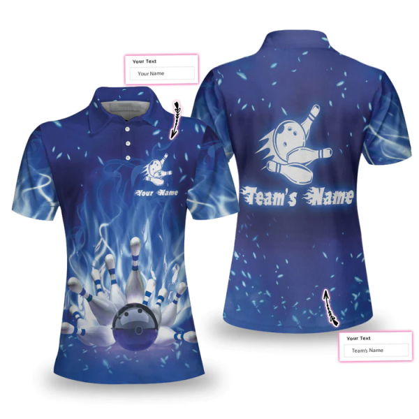 Bowling On Blue Fire Custom Short Sleeve Women Polo Shirt, Personalized Blue Flame Polo Shirt For Female Bowlers Unikmerch