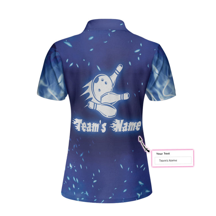 Bowling On Blue Fire Custom Short Sleeve Women Polo Shirt, Personalized Blue Flame Polo Shirt For Female Bowlers Unikmerch